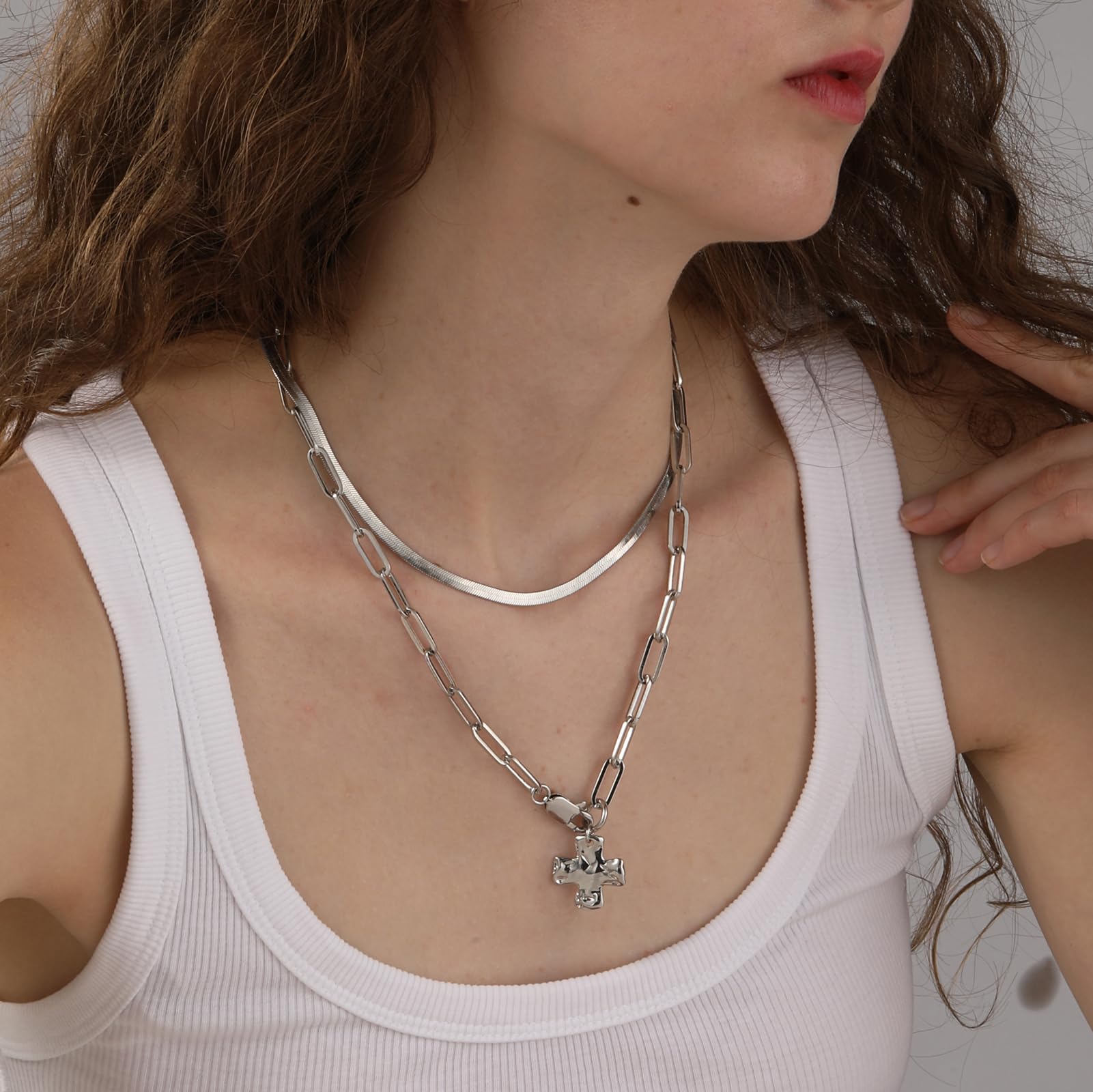 Chunky Cross Necklace for Women Trendy Layered Statement Cross Pendant Charm Necklace Vintage Paperclip Herringbone Snake Choker Chain Costume Jewelry Set Gift Non Tarnish