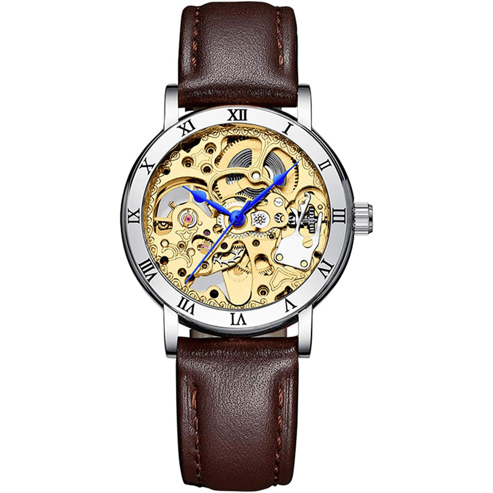 Automatic Mechanical Skeleton Watch with Steel or Leather Strap