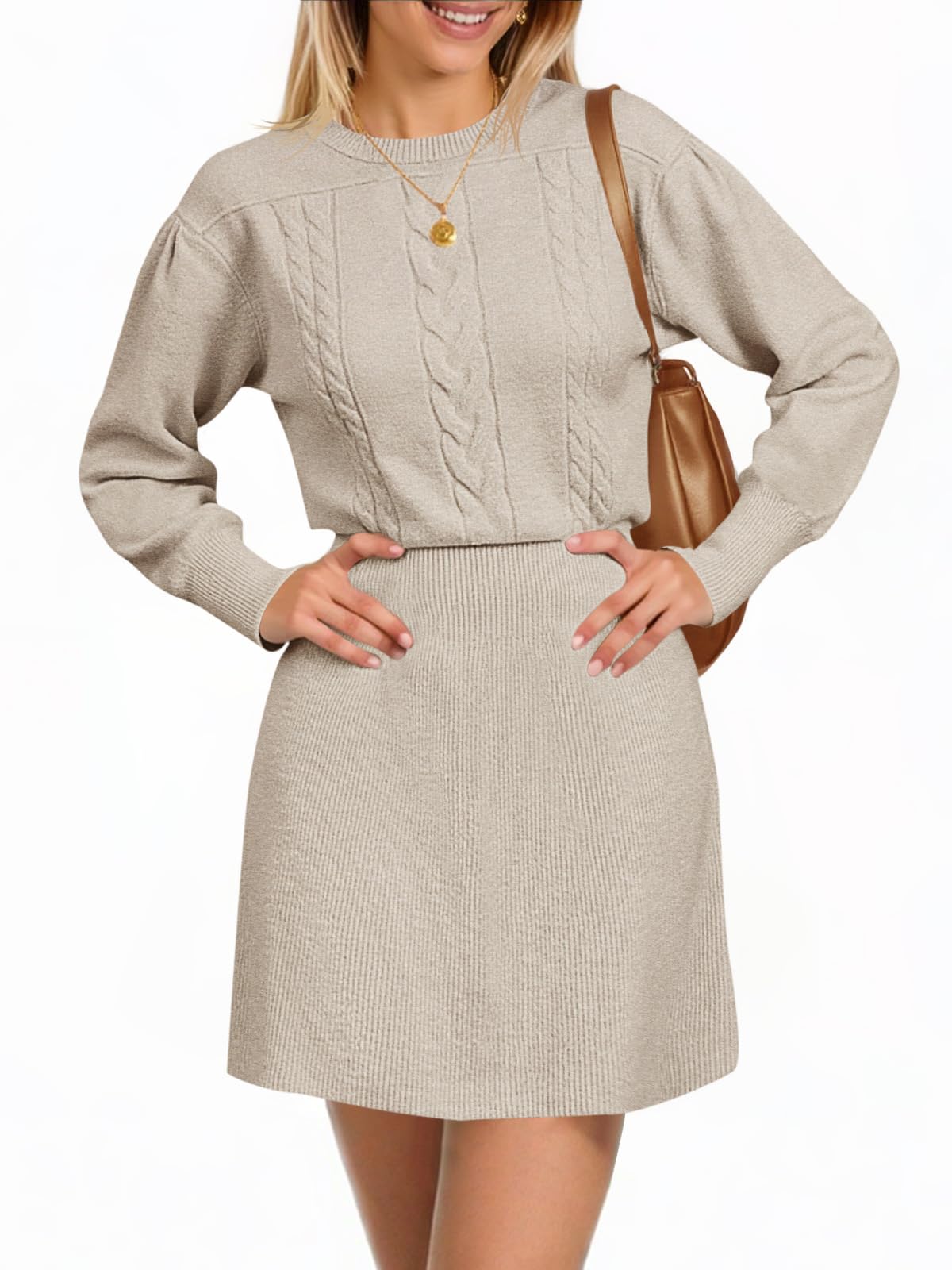 Womens Fit and Flare Mini Sweater Dress Puff Long Sleeve Cable Knit Crewneck Dressy A Line Short Dresses