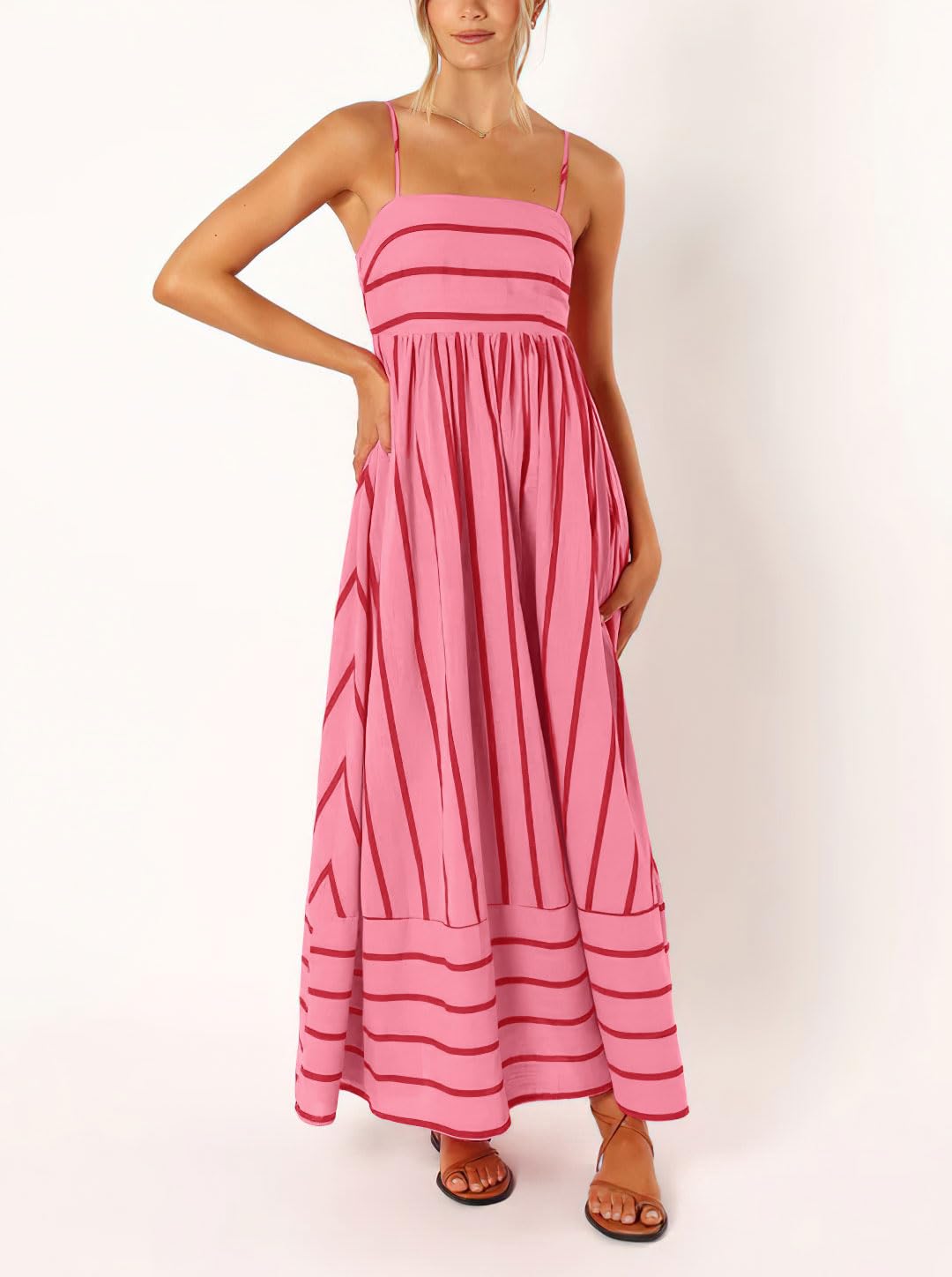 Women's Striped Back Smocked Maxi Dress Sexy Spaghetti Strap Cut Out Flowy Swing Long Dress