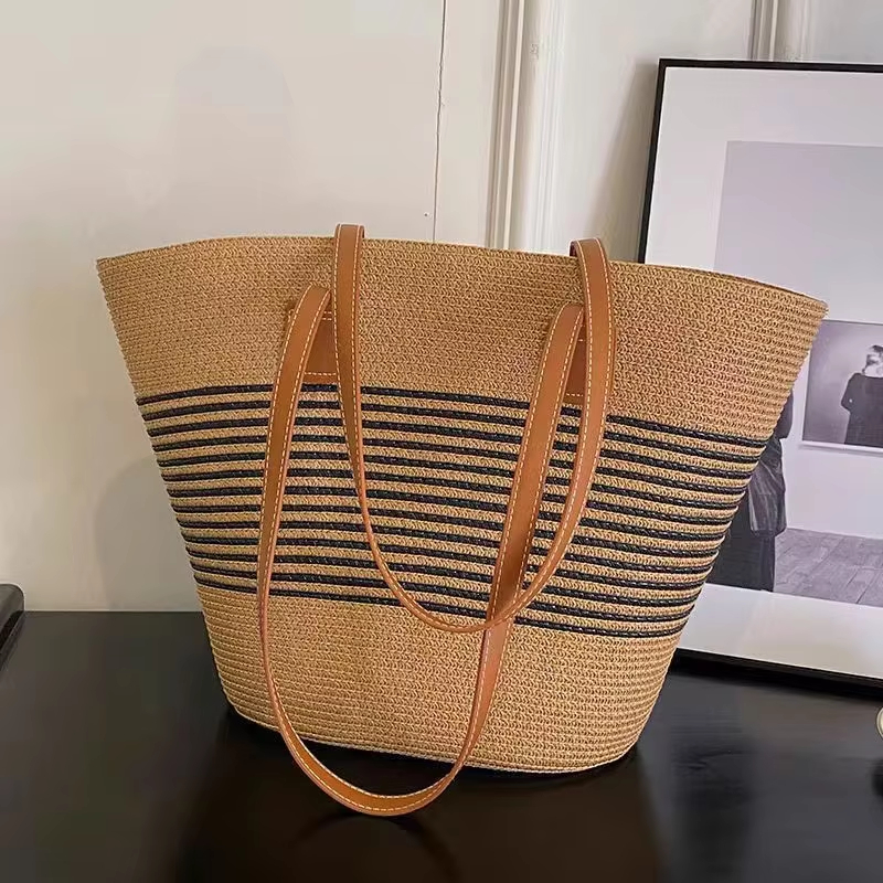 Women's Summer Trendy Large Capacity Rattan Straw Bucket Bag Woven Shoulder Tote Zipper Closure Polyester Lining Seaside Style